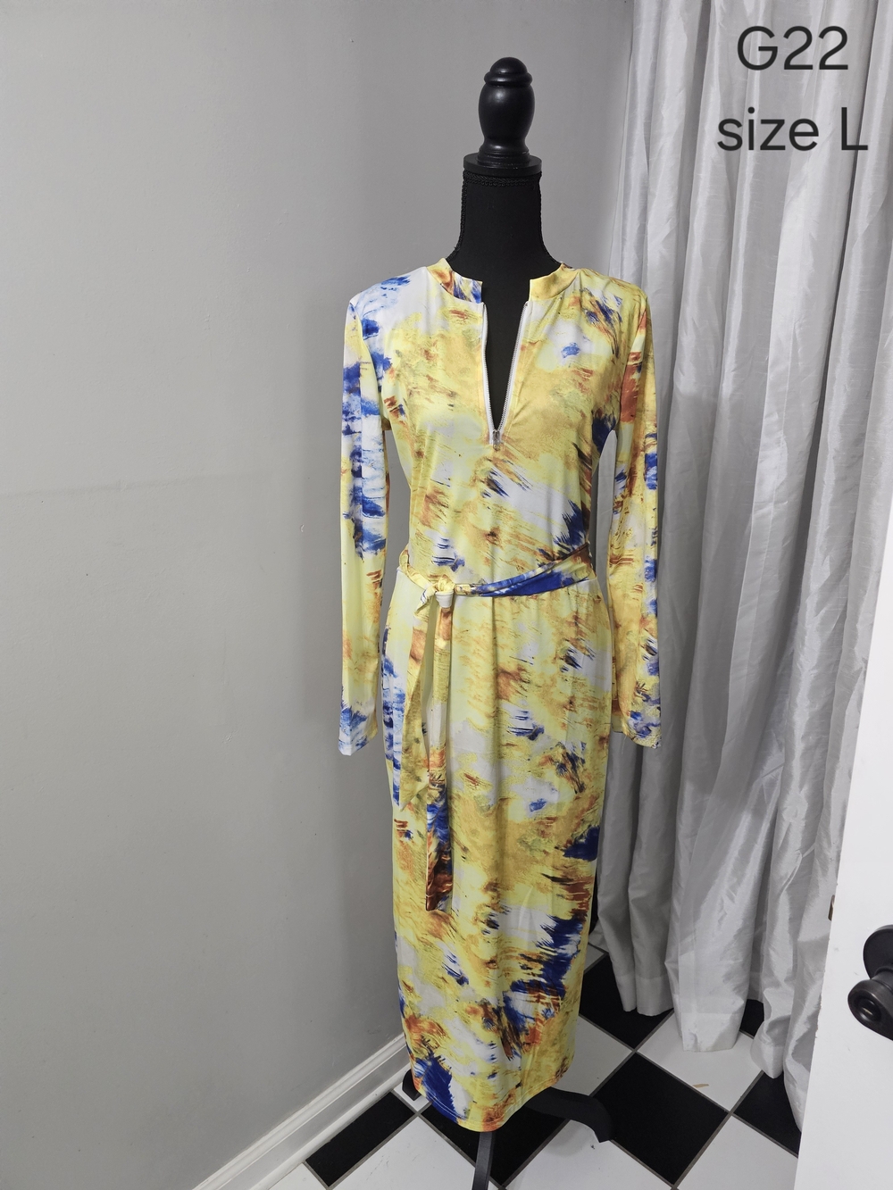 Yellow Abstract-Print Long Sleeve Maxi Dress - Unbranded